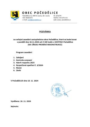Pozvánka na veřejné zasedání zastupitelstva obce Počedělice