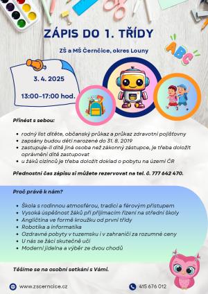 ZŠ a MŠ Černčice - Zápis do 1. třídy 3. 4. 2025