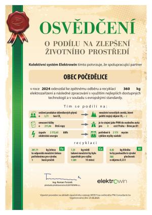 Osvědčení o podílu na zlepšení životního prostředí - Obec Počedělice - Elektrowin